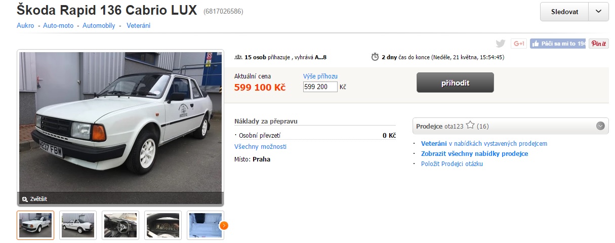 Dražba ojedinelej Škody Rapid 136 Cabrio Lux