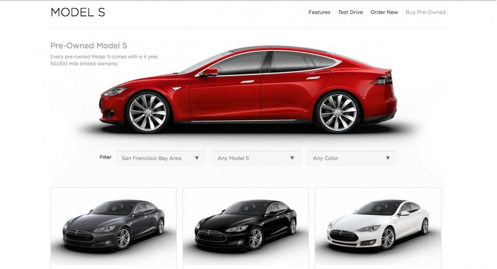 Ponuka ojazdených modelov na internetových stránkach TeslaMotors