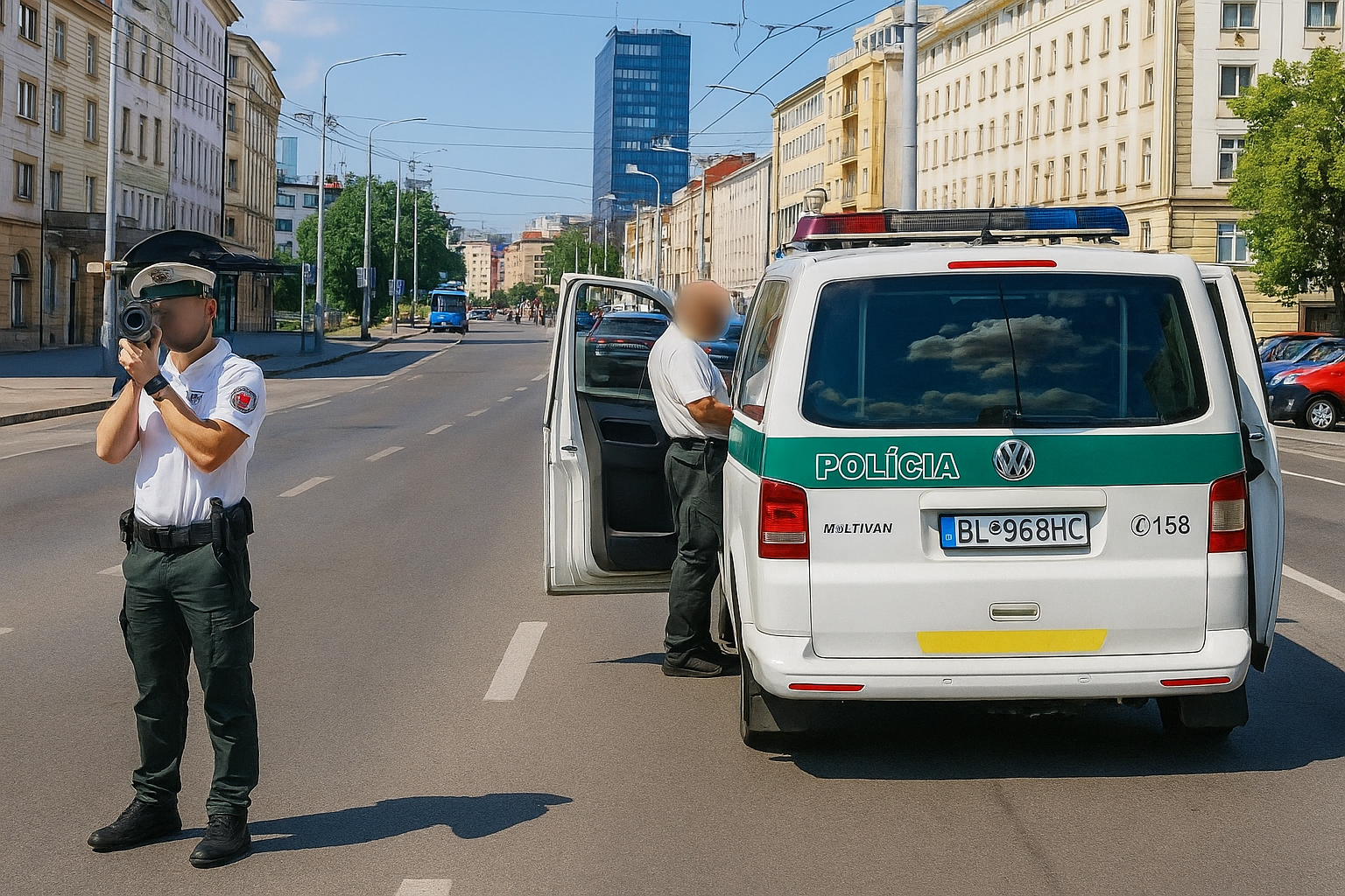 Autobazar.EU. Ilustračná vizualizácia, policajná hliadka meria rýchlosť v meste
