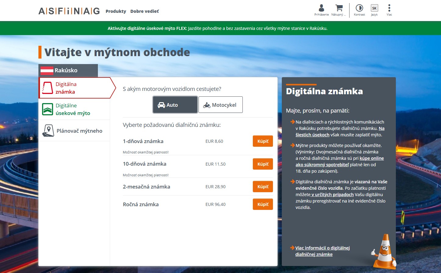 ASFiNAG. Webstránka spoločnosti ASFiNAG, oficiálny e-shop pre nákup rakúskej diaľničnej známky