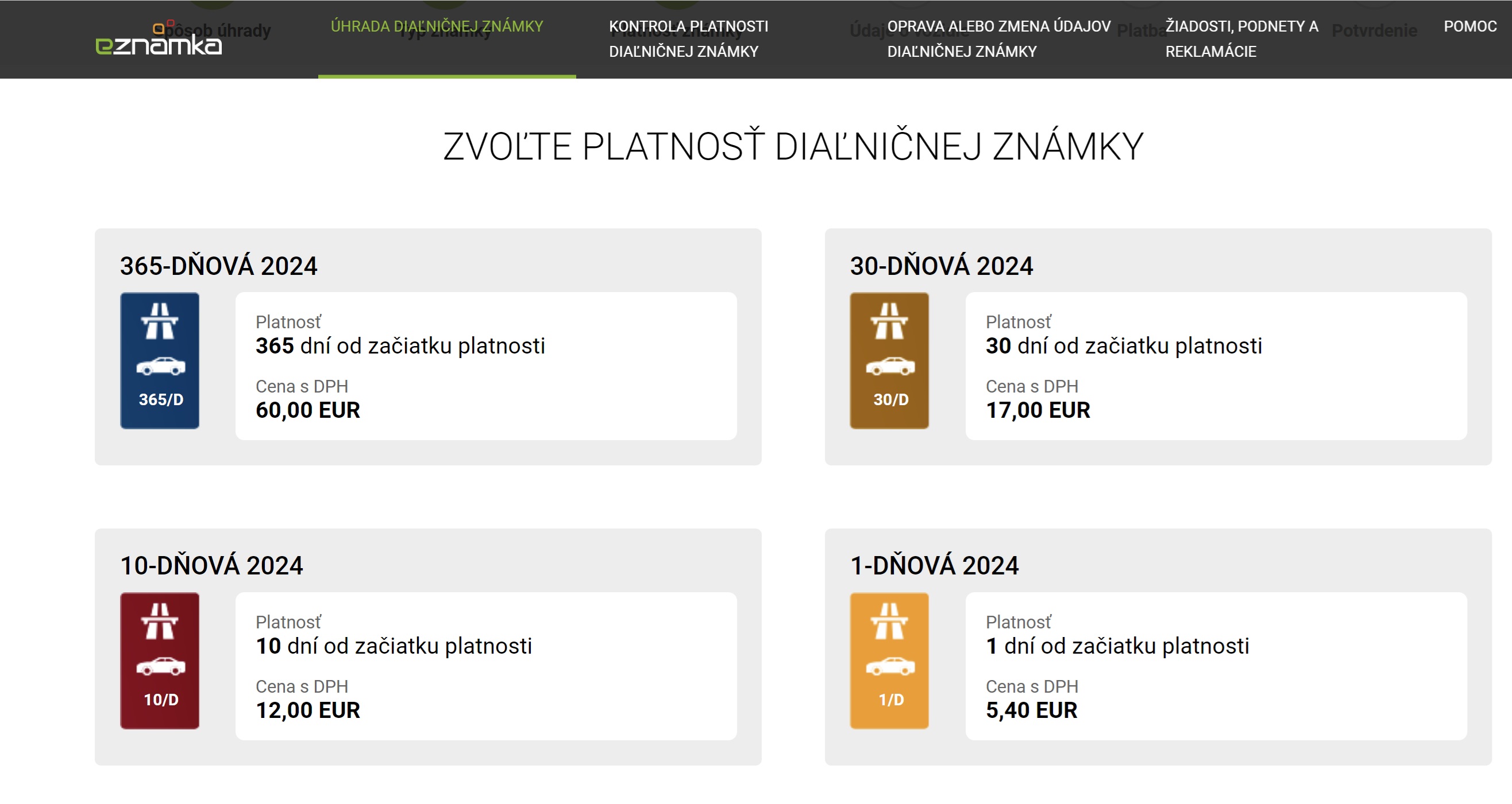 Diaľničná známka Slovensko - výber pre vozidlá < 3,5 t.