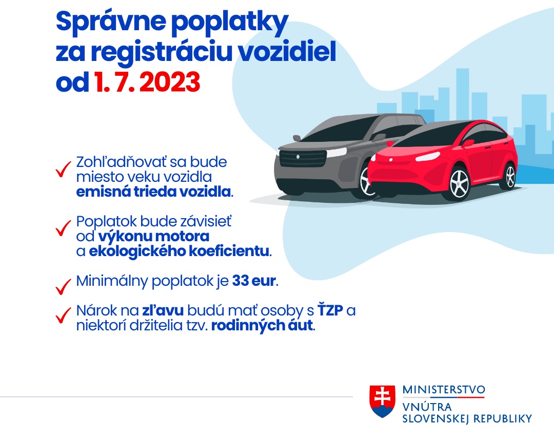 Vozidlá s ekologickými bonusmi (hybridy a elektromobily): Na Slovensku existujú zľavy pre ekologické vozidlá. Elektromobily majú znížený registračný poplatok na 33 €. Hybridné vozidlá a vozidlá s nízkymi emisiami môžu tiež čerpať určité úľavy na poplatkoch. Výška poplatku sa znižuje aj podľa emisnej normy, ktorú vozidlo spĺňa.