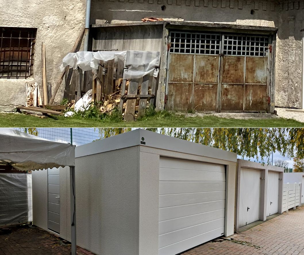 Hore betónová garáž, dolu montovaná a murovaná garáž.