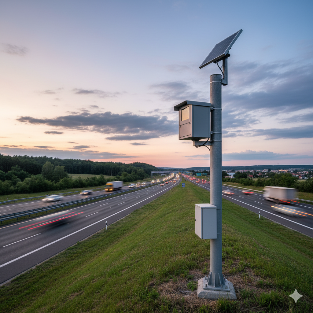 Autobazar.EU, ilustračná vizualizácia stacionárneho radaru na diaľnici/rýchlostnej ceste, Google Gemini. 
