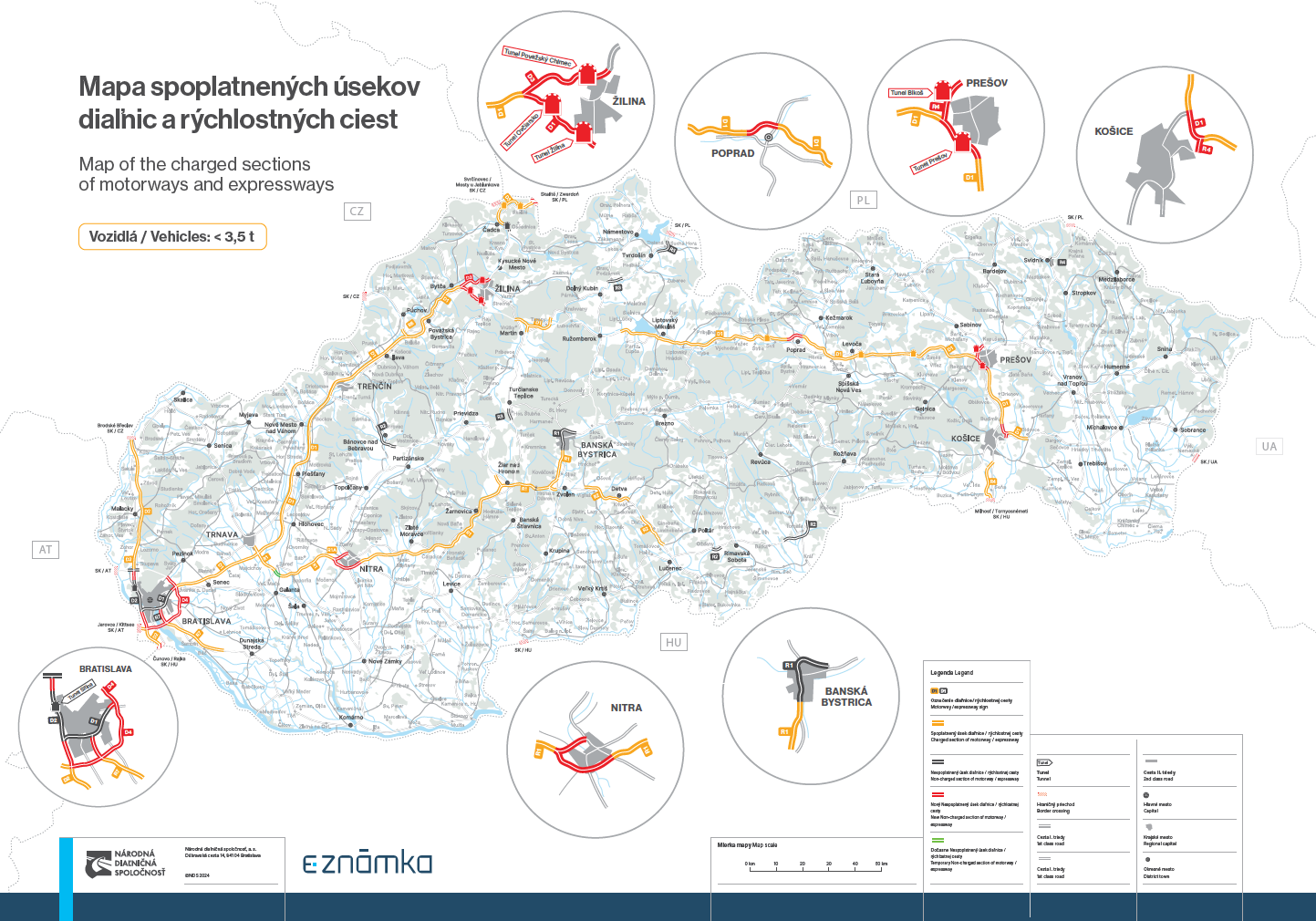 Mapa spoplatnených úsekov diaľnic v SR.