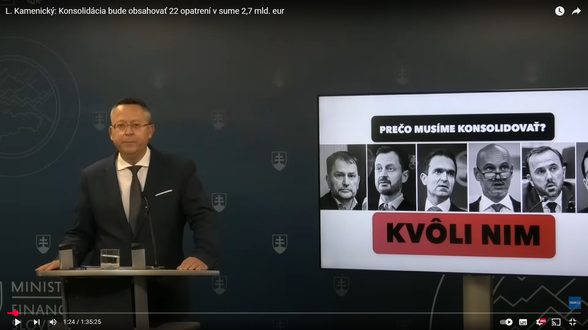 reprofoto TASR TV. Minister financií L. Kamenický na začiatku prezentácie tvrdí, že za potrebu konsolidácie môžu jeho predchodcovia.