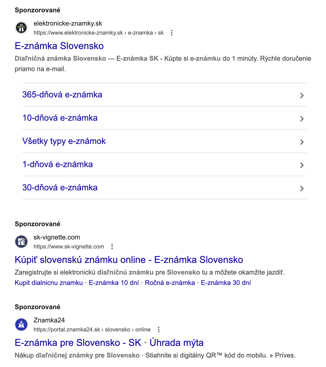 Výsledky vyhľadávania Google pri zadní frázy „diaľničná známka Slovensko“ 