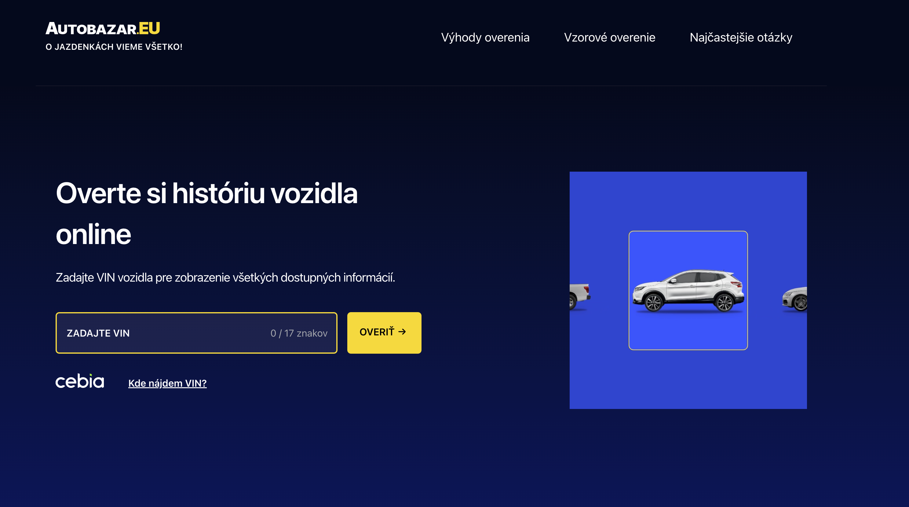Autobazar.EU. Screenshot podstránky s overením vozidla