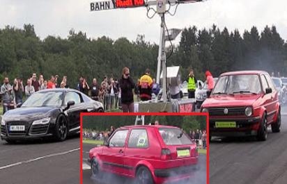 Brutálny drag race: 600-koňový VW Golf vs. Audi R8 V10!