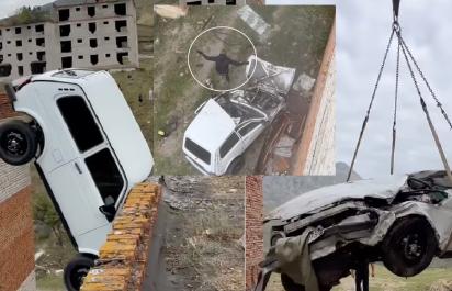 Ruský fail: Pád Lady Niva z 15 m strechy!