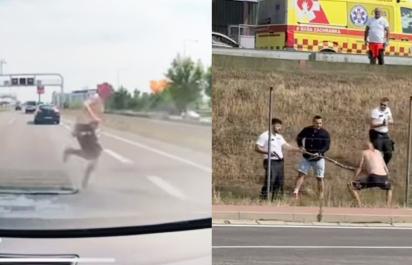Celé zábery zásahu 5 policajtov na chodca bežiaceho cez diaľnicu v Bratislave. Vytiahli zbrane aj ťažký kaliber - konár
