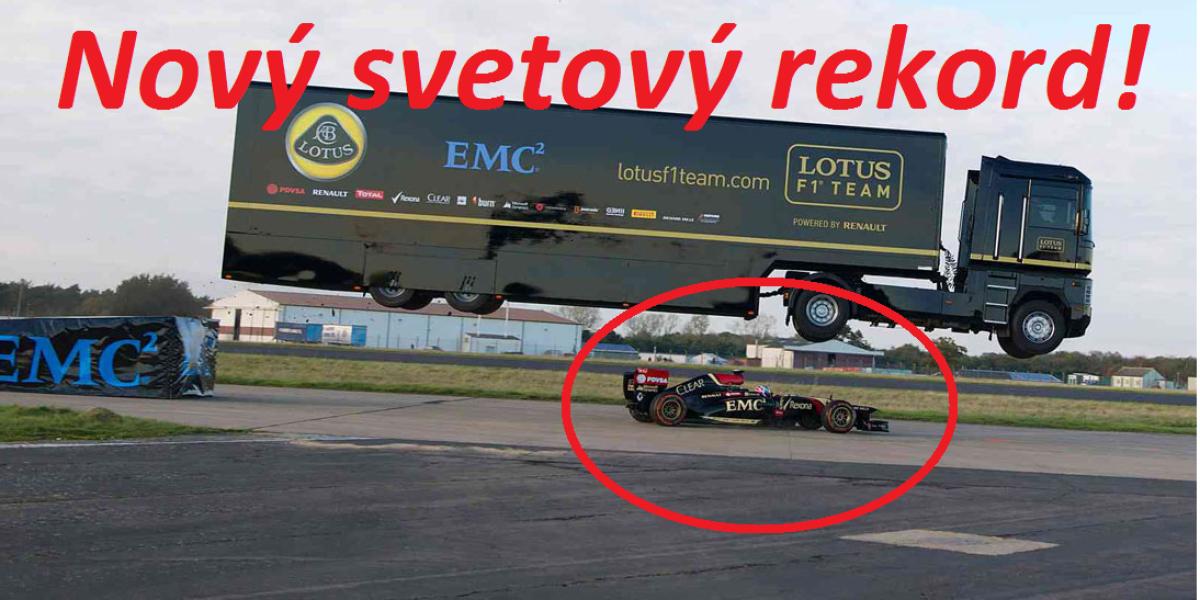 Nový svetový rekord: Šialený 25 metrový skok kamióna preskakujúceho Lotus F1! 