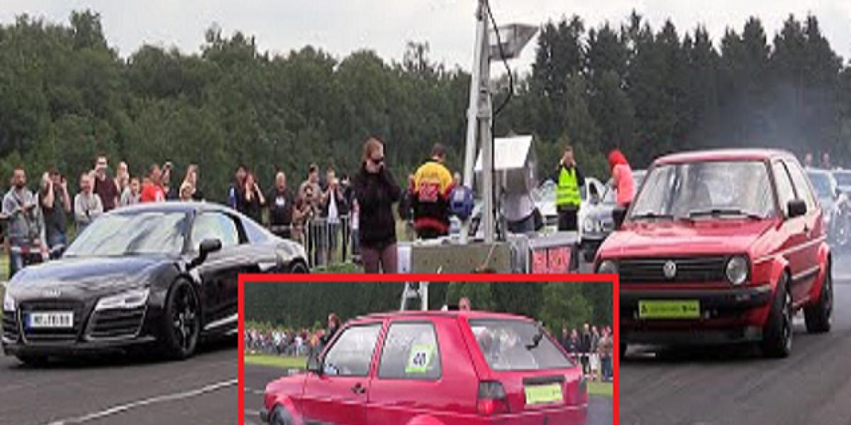 Brutálny drag race: 600-koňový VW Golf vs. Audi R8 V10!